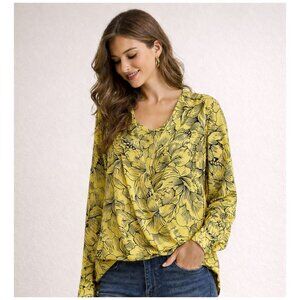 NEW BCBGMAXAZRIA Long Sleeve Bubble Hem Floral Blouse Yellow/Black Women Size L